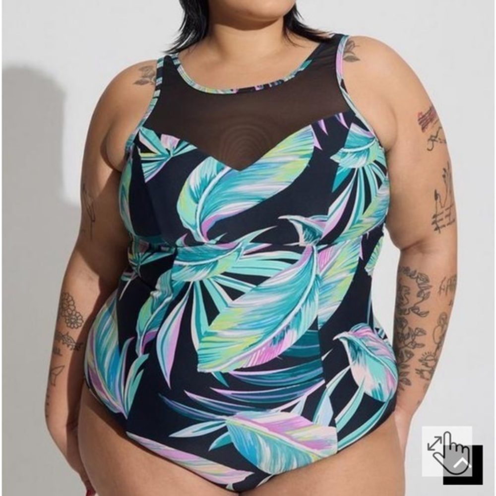 torrid Wireless Mesh High Neck One Piece Swimsuit - Pretty Summer Leaves, Sz. 14